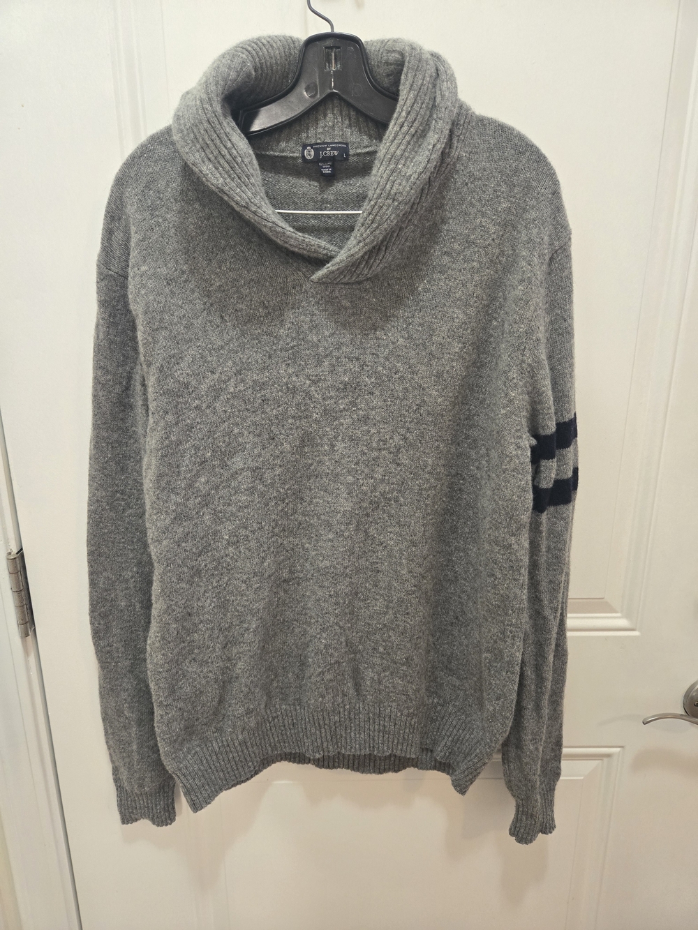 J. Crew Gray Turtleneck Sweater with Navy Sleeve Stripes